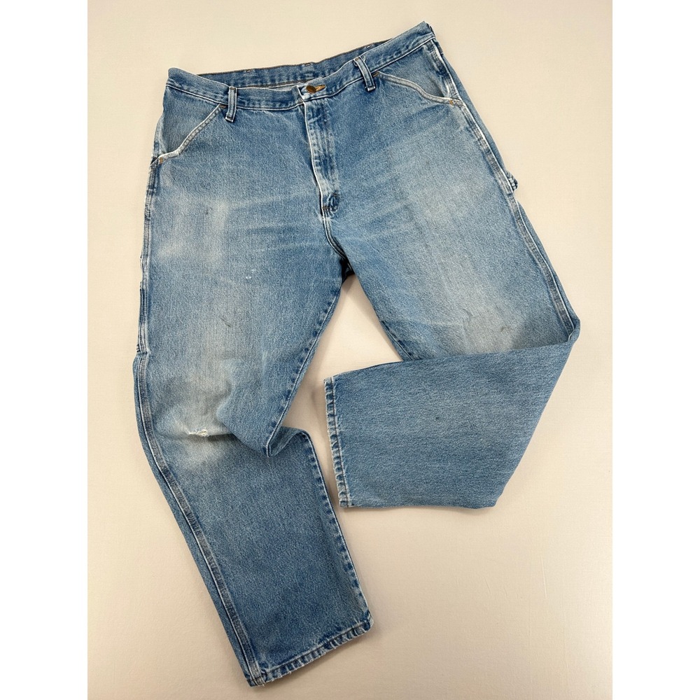 Men's Rustler Blue Denim Carpenter Work Pants Light Wash Distressed 38 x 30